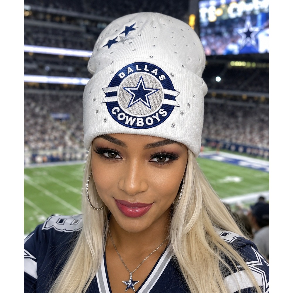 Dallas Cowboys White Rhinestone Beanie Knit Hat Star Embroidered Sparkle NFL